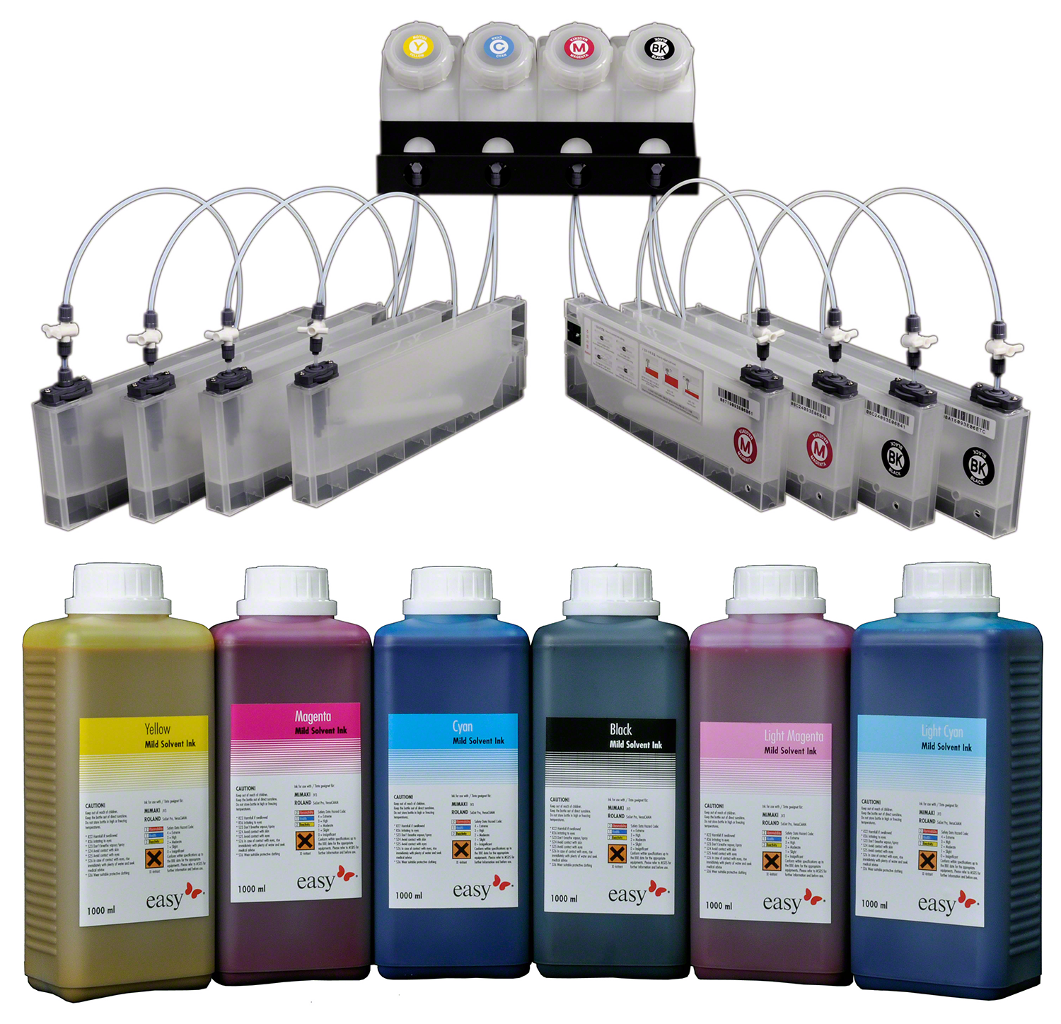 Paketangebot easyTank für Roland VS-i Serie mit 7 Farben + 1 Cleaning, inkl. 1 Liter Tinte pro Farbe + 1 Liter Cleaning